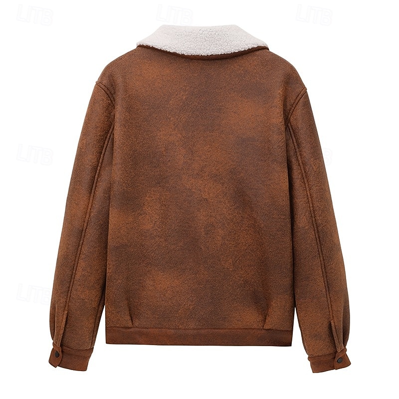 Men's Faux Suede Jacket Winter Jacket Fleece Jacket Sherpa Jacket Vacation Daily Thermal Warm Pocket Fleece Fall Winter Plain Fashion Streetwear Lapel Regular Black Brown Green Jacket3