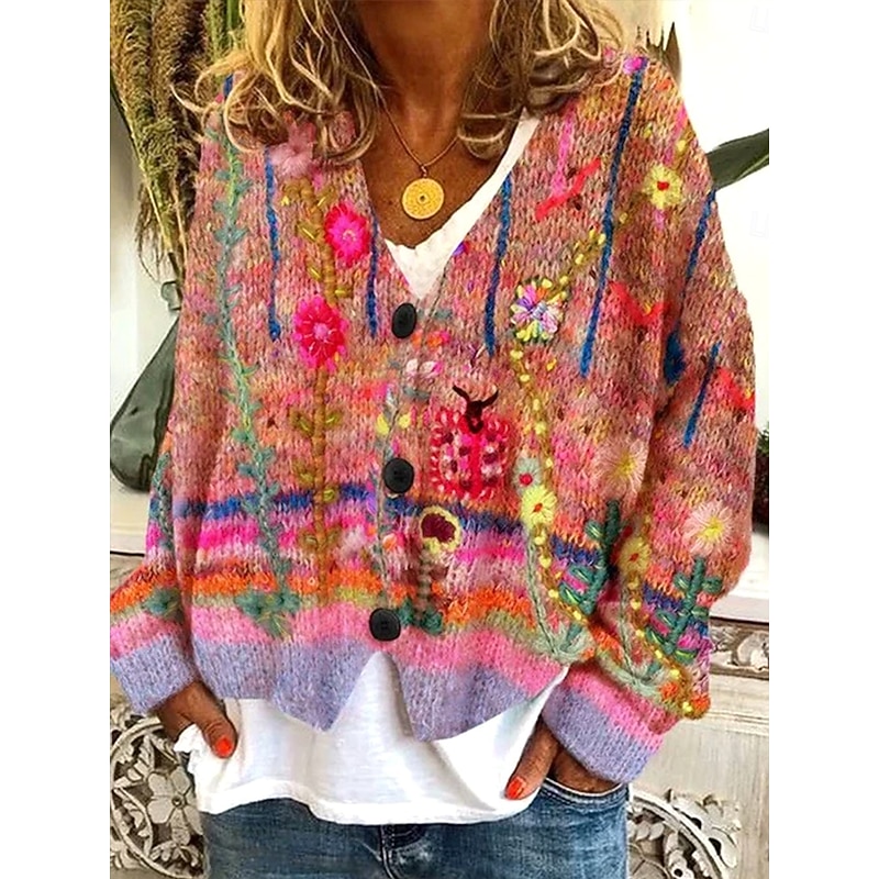 Women's Sweater Cardigan Elegant Vintage Fashion Floral V Neck Pocket Floral Knitted Long Sleeve Regular Tops Knit Outdoor Daily Weekend Pink Purple Fall Winter3