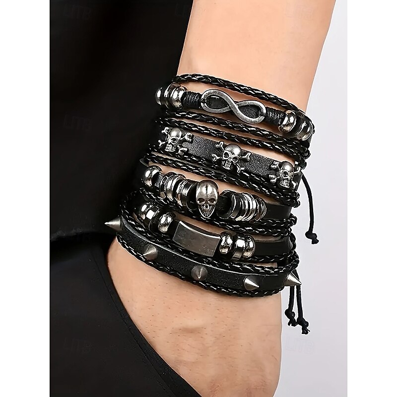 Men's Halloween Skull Leather Bracelet Set – Gothic Punk Multi-Layer Wrap Wristbands with Spikes and Charms for Party, Cosplay and Nightlife Fashion2