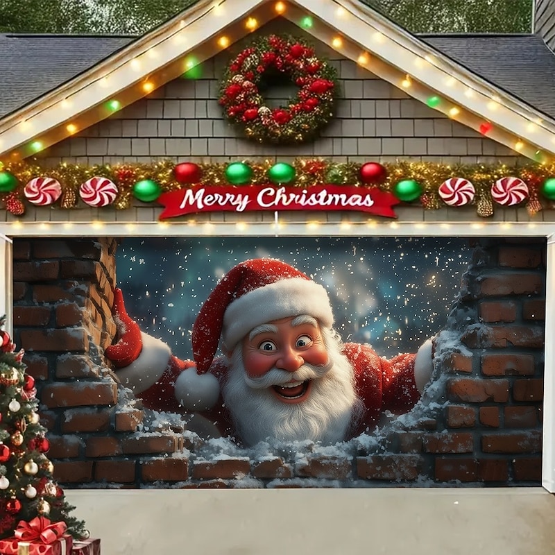 Christmas Garage Door Cover Winter Holiday Decoration Drapes with Santa Claus Standing by Wall Print for Home Entryway Living Room Bedroom Indoor Outdoor Festive Seasonal Home Decor