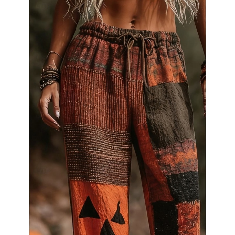 Women's Pants Trousers Straight Vacation Vintage Fashion Full Length Mid WaistPantsHalloween Pumpkin Patchwork Drawstring Patchwork Elastic Waist Comfy Breathability Inelastic Outdoor Dailywear Daily2