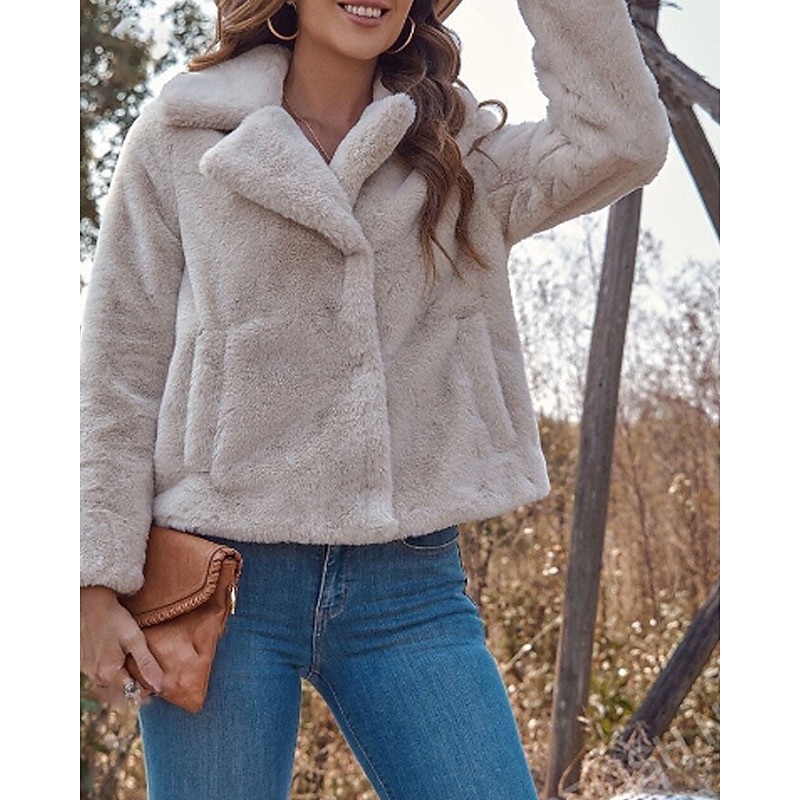 Women's Teddy Coat Faux Fur Coat Warm Comfortable Pocket Buttons Casual Plain Vacation Street Daily Wear Going out Regular Turndown Regular Fit Long Sleeve Outerwear Light Grey Fall Winter3