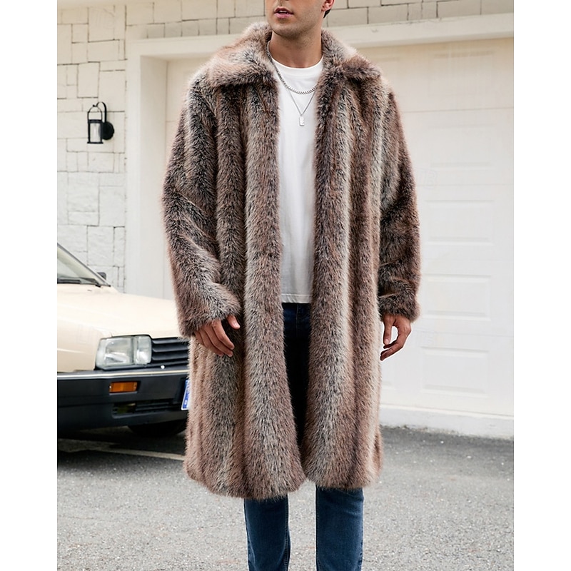 Men's Casual Jacket Faux Fur Coat Vacation Daily Thermal Warm Plush Fall Winter Plain Fashion Streetwear Lapel Long Brown Jacket3