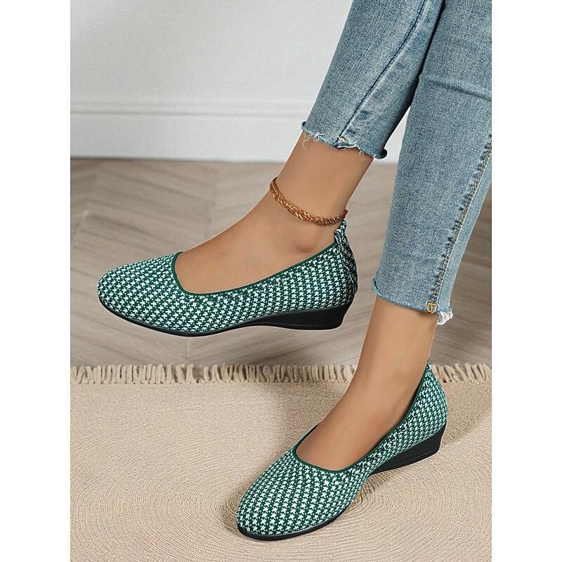 Women's Green Flyknit  Flats – Comfortable Slip On Casual Shoes for Work, Travel and Daily Wear - Main Image