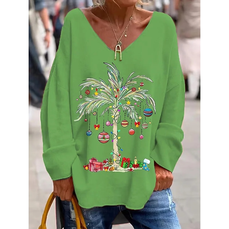 Christmas Women's T Shirt Graphic Christmas Elegant Vintage Fashion Long Sleeve V Neck Regular Tops Daily Weekend Print Red Green Spring Fall Winter2