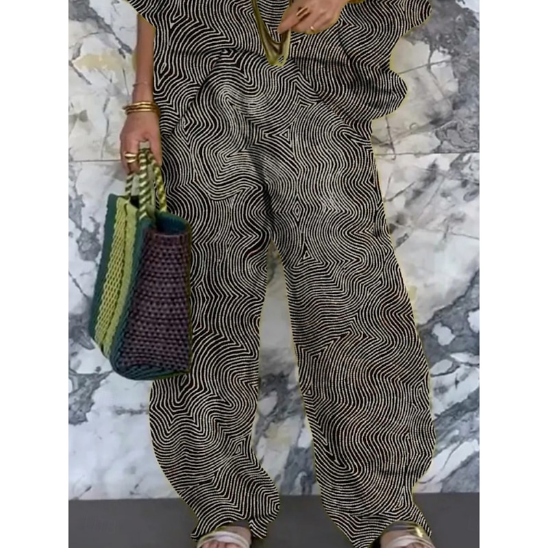 Women's Vacation Fashion Pants Sets 3/4 Length Sleeve V Neck Striped Print Vacation Daily Holiday Khaki Summer Regular Fit3