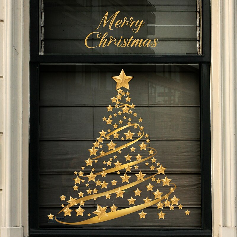 Christmas Sticker Wall Decals Gold Star Christmas Tree Removable Vinyl Mural Holiday Party Scene Glass Window Display Background Decoration For Christmas Festival Home Atmosphere2
