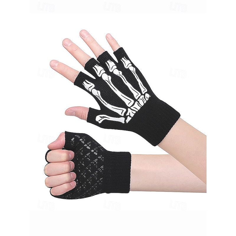 Men's Halloween Skeleton Fingerless Gloves – Elastic Fleece Non-Slip Knitted Mittens for Cosplay, Party and Outdoor Wear3