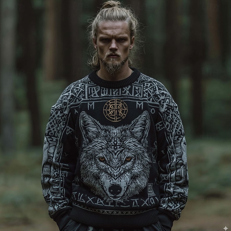 Men's Animal Wolf Viking Pullover Sweater Jumper Knitwear Crewneck Retro Vintage Casual Vacation Street Daily 3D Print Knitting Keep Warm Long Sleeve Spring Fall Winter Black Blue Green