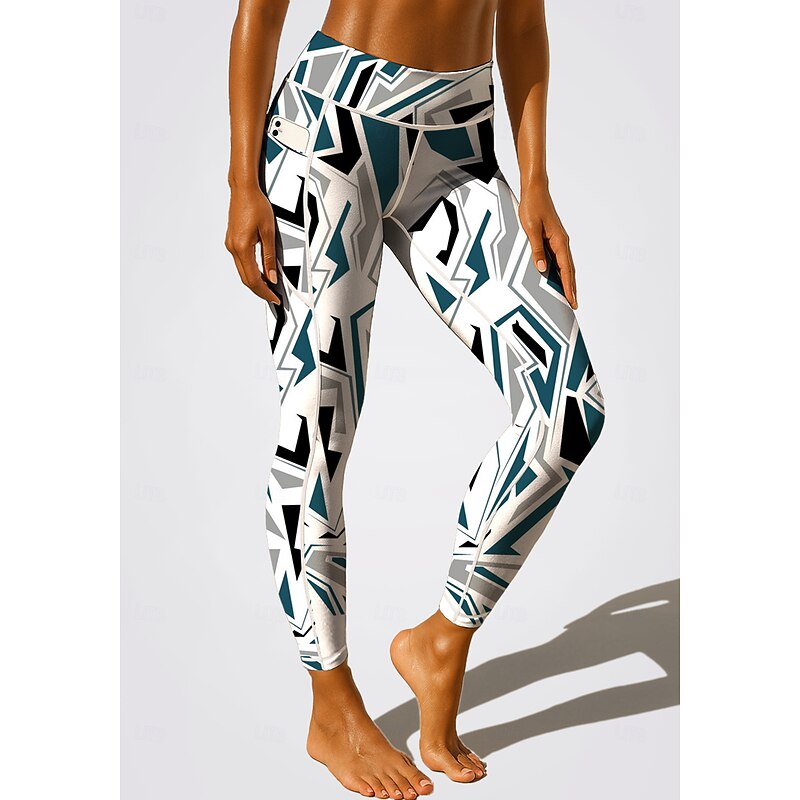 Women's Unisex pilates leggings fitness pants Gym Leggings Pockets Stamp Duty Side Pockets Pilates Gym Gym Workout Pants Tights Leggings Geometry Blue and White Sports Activewear Stretchy Skinny2