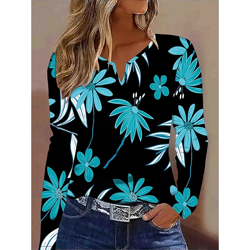 Women's T Shirt Graphic Plants Abstract Vintage Stylish Modern Long Sleeve Notched Neck Regular Tops Daily Weekend Print Blue Spring Fall Winter