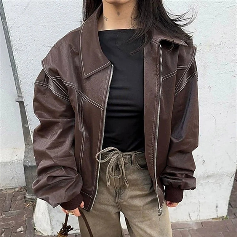 Women's Faux Leather Jacket Winter Coat Warm Comfortable Zipper Pocket Casual Solid Color Vacation Street Casual Daily Wear Regular Turndown Loose Fit Long Sleeve Outerwear Silver Burgundy Purple