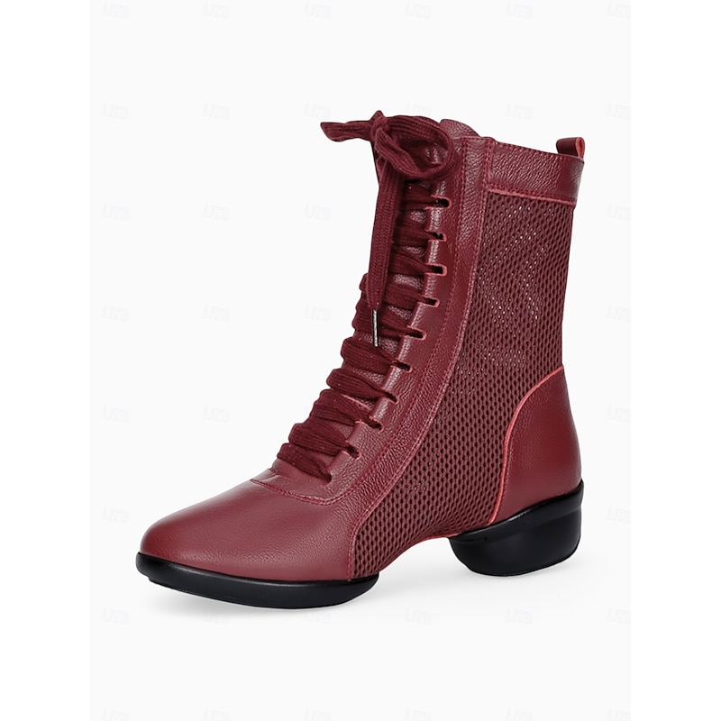 Women's Red Lace-Up Dance Boots with Mesh Panels and Low Heel, Ideal for Jazz, Ballroom, and Latin Dance Performances3
