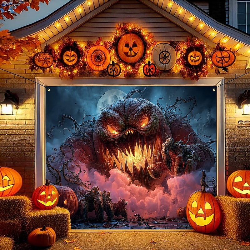 Halloween Tapestry Garage Door Cover Large Hanging Backdrop Pumpkin 3D Dark Punk Gothic Style Party Outdoor Shooting Backgrounds Yard Haunted House Home Decor4