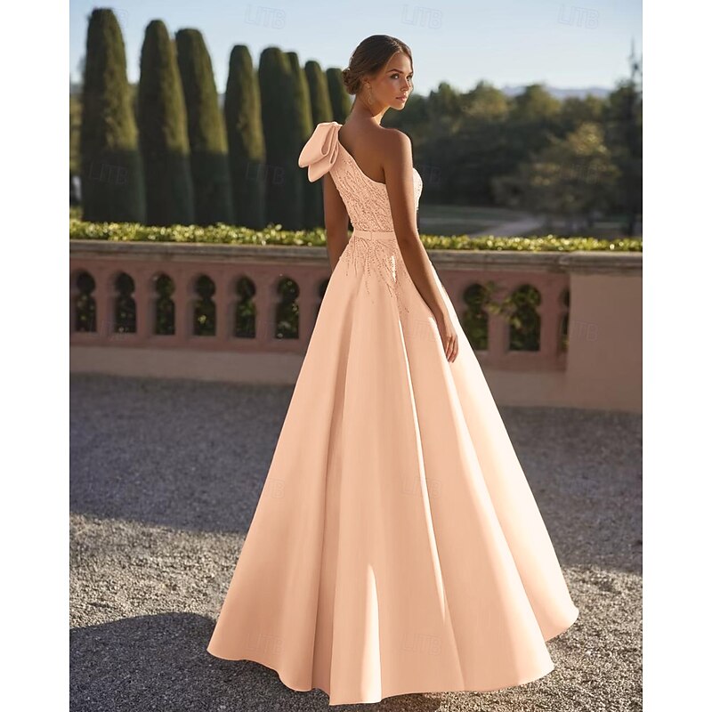 A-Line Evening Gown Elegant Dress Formal Wedding Floor Length Sleeveless One Shoulder Satin with Glitter Bow(s) Beading4