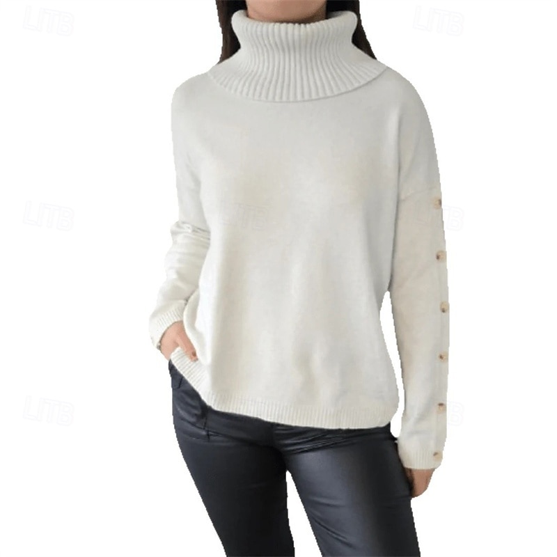 Women's Sweater Fashion Streetwear Casual Pure Color Ribbed Turtleneck Knitted Long Sleeve Regular Tops Knit Outdoor Daily Weekend White Fall Winter