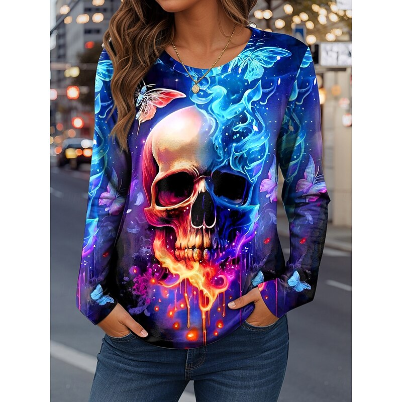 Halloween Women's T Shirt Skulls Graphic Fashion Casual Long Sleeve Crew Neck Regular Tops Daily Weekend Print Red Blue Purple Green Spring Fall Winter