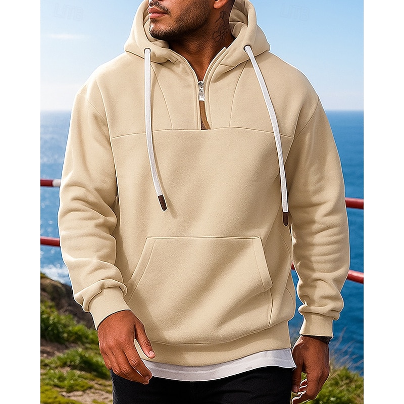 Men's Hoodie Sweatshirt Pullover Sweatshirt Baggy with Pockets Long Sleeve Top Athleisure Solid Colored Windproof Warm Hiking Travel Vacation Sportswear Activewear Black White Red