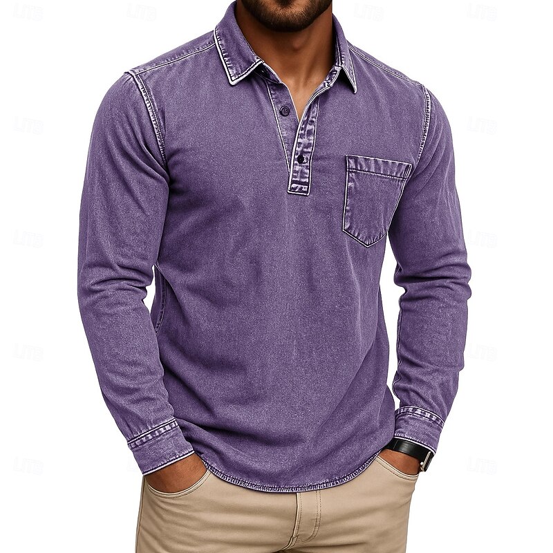 Men's Polo Shirts Golf Polos Shirts Street Business Classic Long Sleeve Vintage Basic Solid Color Pocket Vintage Fall Winter Cross-Seasons Regular Fit Black Dark Blue Gray Green Light Blue Purple4