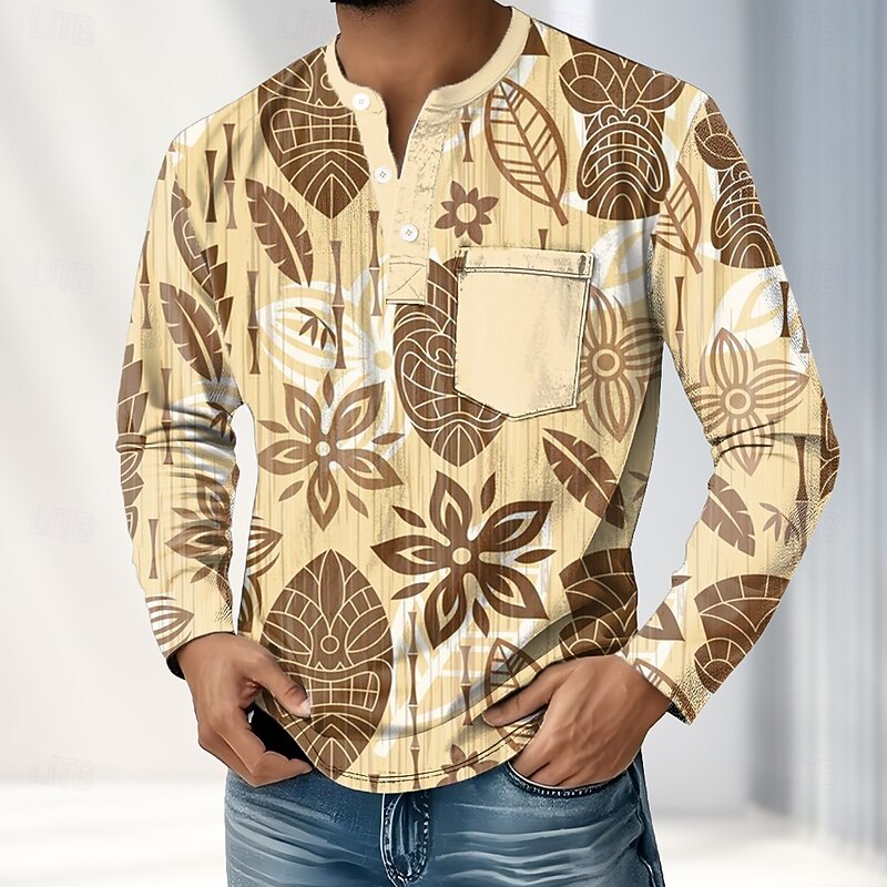 Men's 3D Print Plants Henley Shirt T shirt Tee Long Sleeve Retro Vintage Casual Casual Spring Fall All Seasons Blue Green khaki Henley Henley T-Shirt3