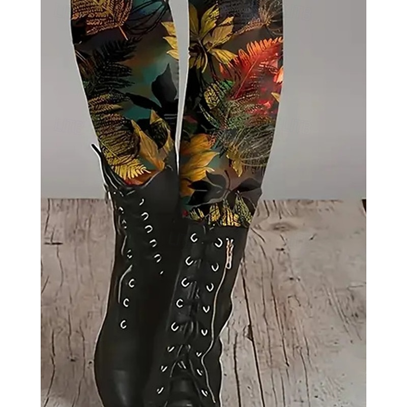 Women's Chinos Leggings Cozy Leggings Vacation Casual Full Length High Waist Floral Printing Thermal Warm Comfortable Stretchy Vacation Casual Daily Black Yellow Orange Brown Fall Winter Slim Fit3