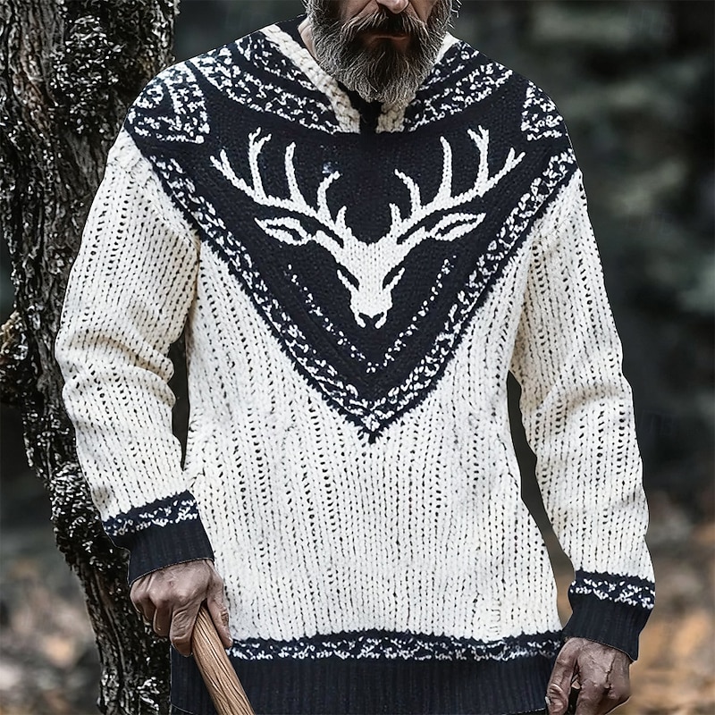 Men's Wildlife Viking Pullover Sweater Jumper Knitwear Crewneck Casual Vacation Daily 3D Print Knitting Keep Warm Long Sleeve Spring Fall Winter White Blue Green