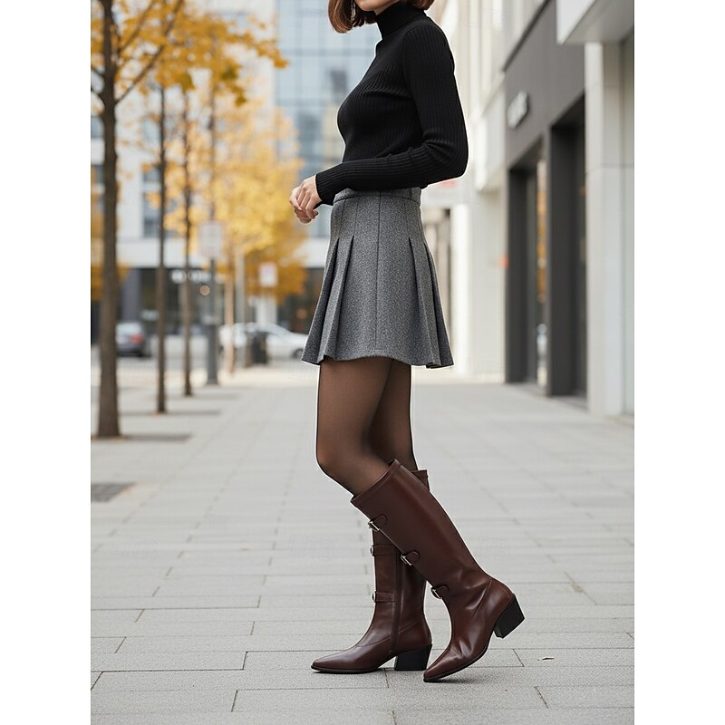 Women's Knee High Riding Boots with Triple Buckle Straps and Block Heels -Trendy Urban Fashion Footwear for Stylish Daily Wear and City Outfits4