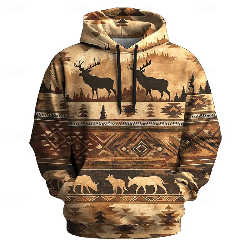 Men's Bandana Print Cowboy Hoodie Sweatshirt Ethnic Vintage Retro Crew Neck Outdoor Home Streetwear Brown Drawstring Fall Winter Designer2