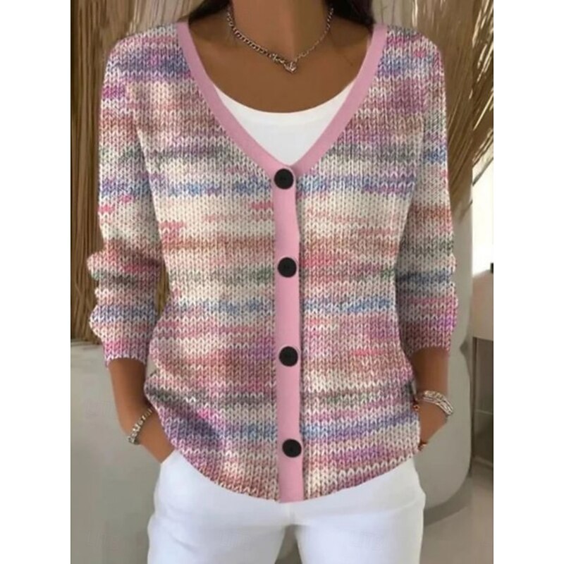 Women's Sweater Cardigan Elegant Fashion Streetwear Floral Striped V Neck Pocket Knitted Print Long Sleeve Regular Tops Knit Outdoor Daily Weekend White Pink Spring Fall2
