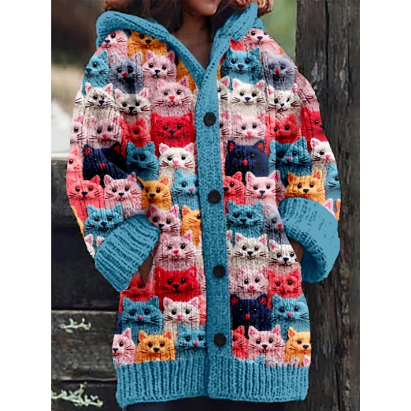 Women's Sweater Cardigan Casual Soft Animal Ribbed Hooded Pocket Buttons Knitted Long Sleeve Long Tops Knit Outdoor Daily Weekend Blue Green Fall Winter