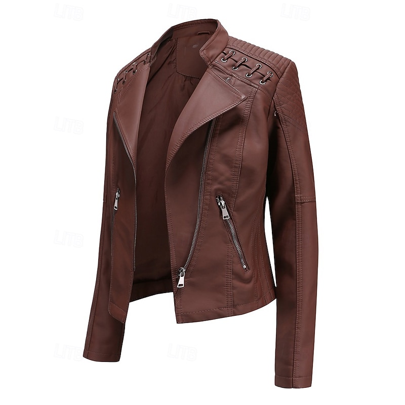 Women's Faux Leather Jacket Comfortable Zipper Pocket Casual Plain Vacation Daily Wear Going out Weekend Regular Turndown Regular Fit Long Sleeve Outerwear Black Pink Red Spring Fall