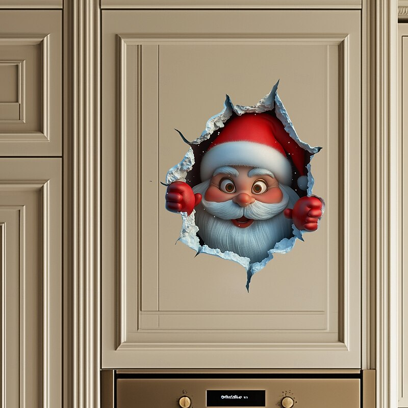Christmas Sticker Wall Decals Creative Broken Wall Cartoon Santa Claus Removable Vinyl Mural Holiday Party Living Room Bedroom Background Decoration For Christmas Festival Home Atmosphere2
