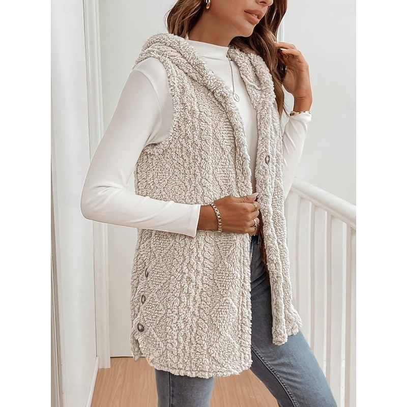 Women's Fleece Vest Comfortable Breathable Buttons Casual Plain Vacation Street Casual Daily Wear Single Breasted Long Hooded Regular Fit Sleeveless Outerwear Black Apricot Spring Fall2