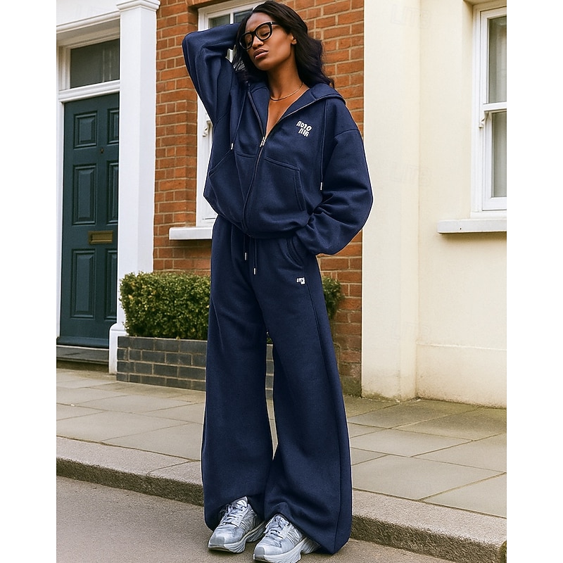 Women's Zip Up Hoodie 2 Piece Tracksuit Sweatsuit Sets Baggy with Pocket Solid Colored Clothing Suit Fall Dark Blue Beige Hiking Vocation Outdoor Lightweight Long Sleeve Sport Activewear Micro-elastic