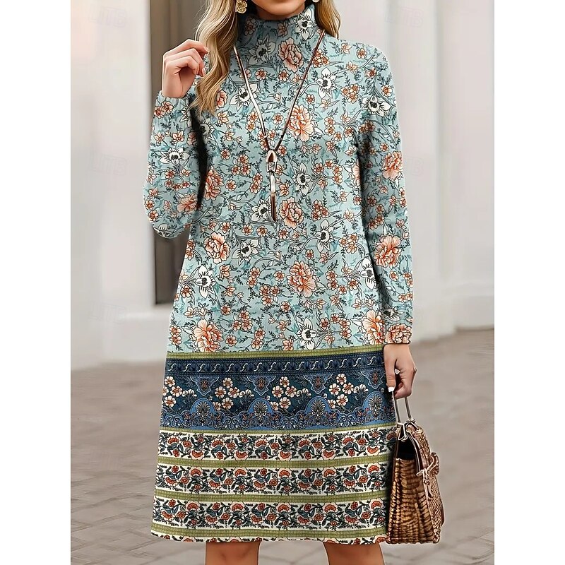 Women's Sweater Dress Mini Dress  Shift Dress A Line Dress Vacation Casual Boho Casual Daily Loose Fit Graphic Houndstooth Tribal Long Sleeve Turtleneck khaki Spring Fall Winter4