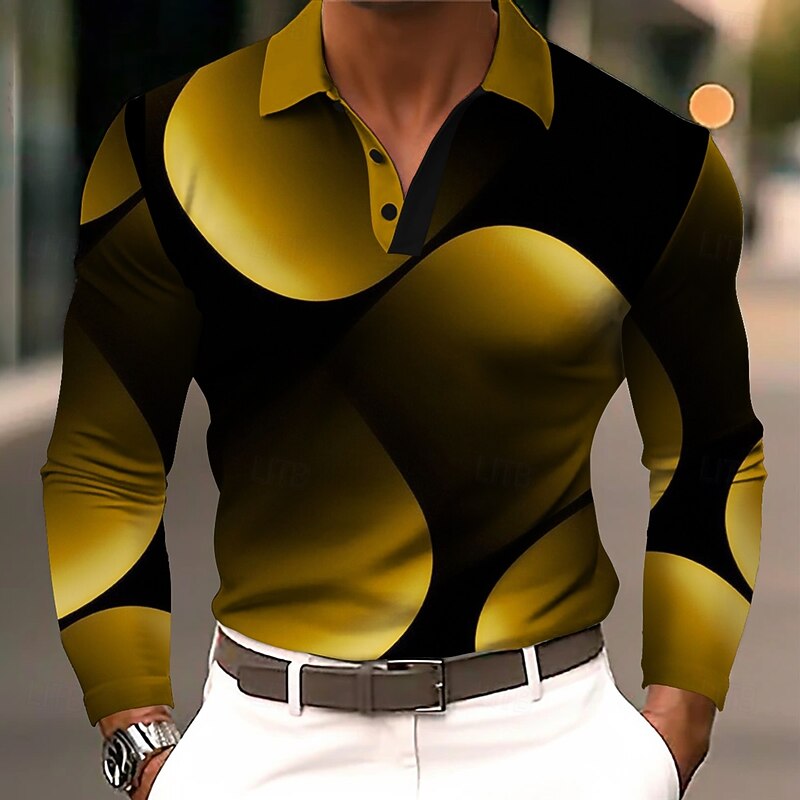 Men's Abstract Geometic Polo Long Sleeve Polo Shirts Lapel Business Casual Athleisure Daily Wear 3D Print Buttons Spring Fall Winter Yellow Pink Blue3