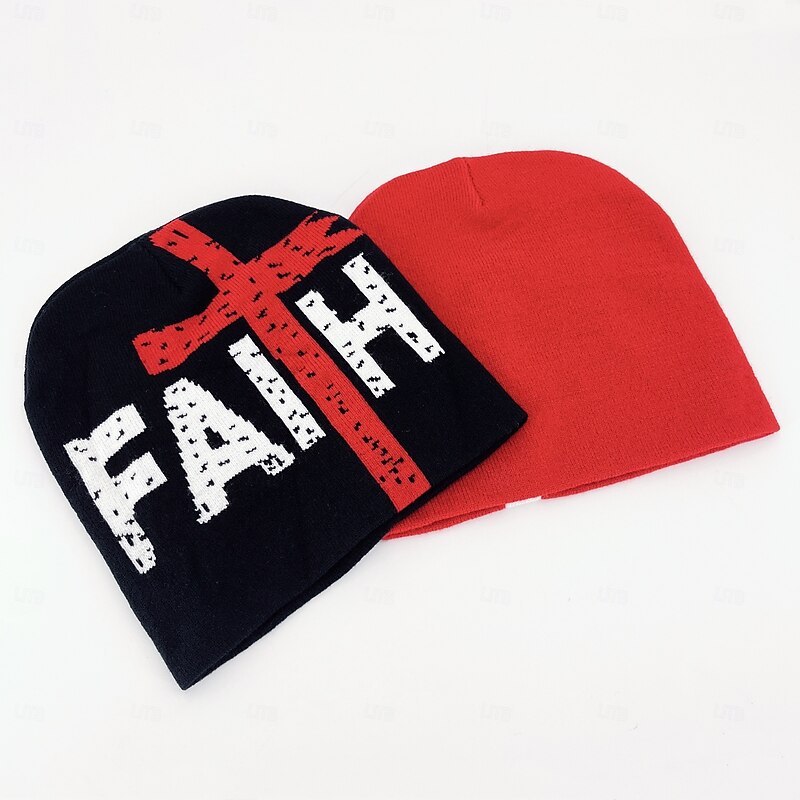 Men's Unisex Beanie Hat Winter Hats Beanies Skull Cap Knit Hat Black Red Acrylic Fibers Jacquard Knitted Cozy Halloween Daily Wear Festival Cross Faith Warm2