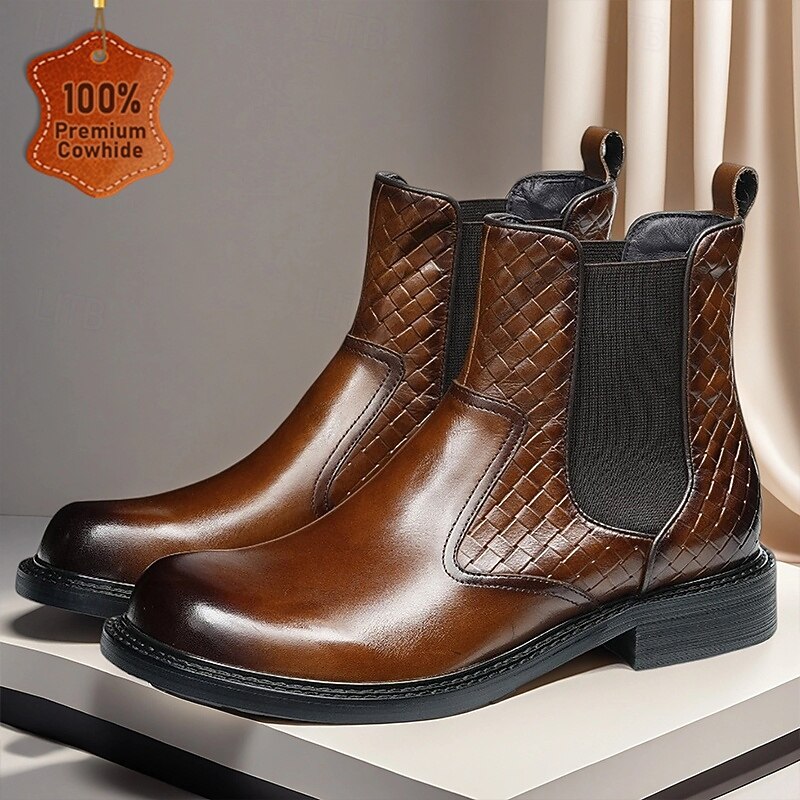 Men's Brown Woven Chelsea Boots Classic Slip-On Ankle Boots with Elastic Side Panel for Office, Parties and Smart Casual Outfits