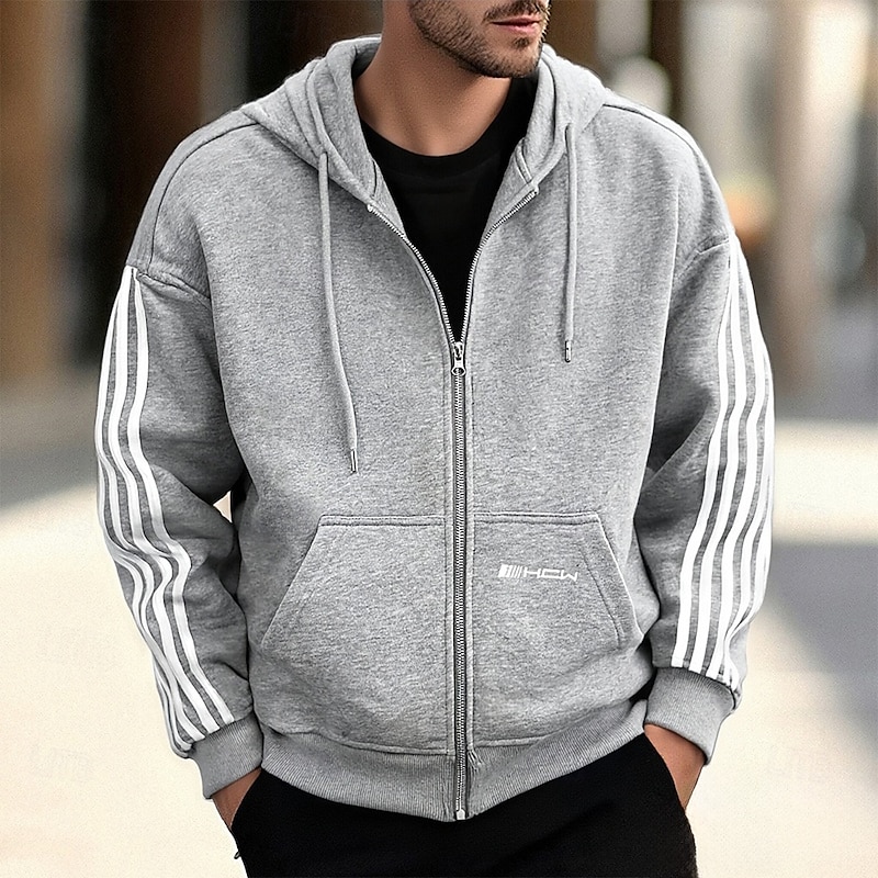 Men's Hoodie Full Zip Hoodie Gray Hooded Stripes Zip Up Pocket Sports & Outdoor Daily Holiday Polyester Streetwear Basic Casual Spring Fall Clothing Apparel Hoodies Sweatshirts