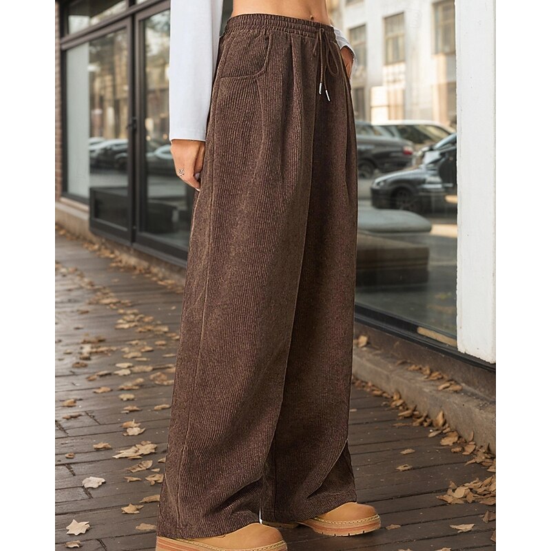Women's Culottes Wide Leg Chinos Streetwear Casual Full Length Medium Waist Plain Pocket Elastic Drawstring Design Comfortable Micro-elastic Outdoor Vacation Daily Dark Brown Fall Winter Regular Fit2