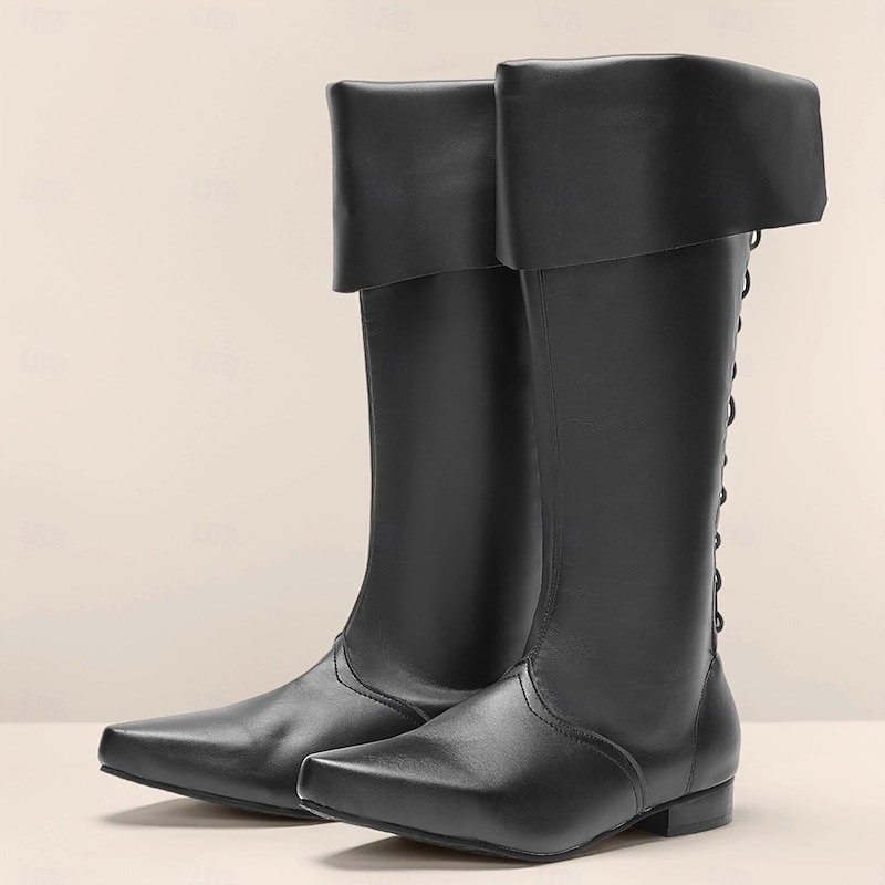 Men's Medieval Renaissance Tall Boots with Fold Over Cuff, Vintage Retro Costume Footwear for Cosplay, Stage Performances, LARP Events and Themed Parties
