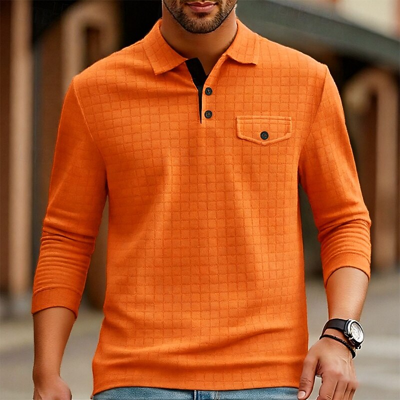 Men's Golf Shirt Golf Polos Shirts Work Casual Lapel Long Sleeve Basic Modern Plain Jacquard Buttons Spring Fall Regular Fit Black White Navy Blue Orange Dark Gray Gray Golf Shirt