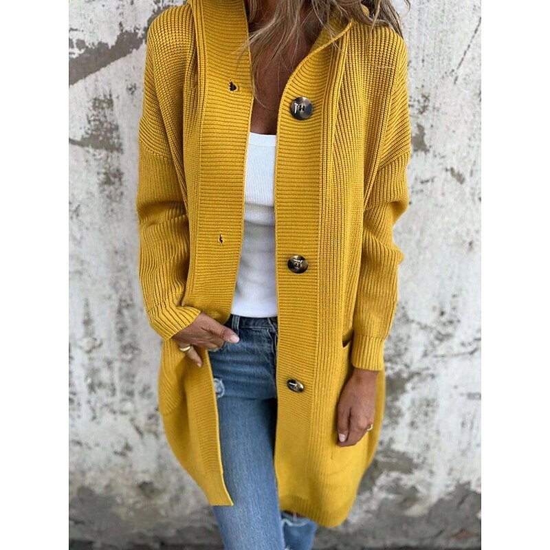 Women's Sweater Cardigan Elegant Fashion Streetwear Solid Color Pure Color Hooded Pocket Knitted Long Sleeve Long Tops Knit Outdoor Daily Weekend Black Yellow Fall Winter2