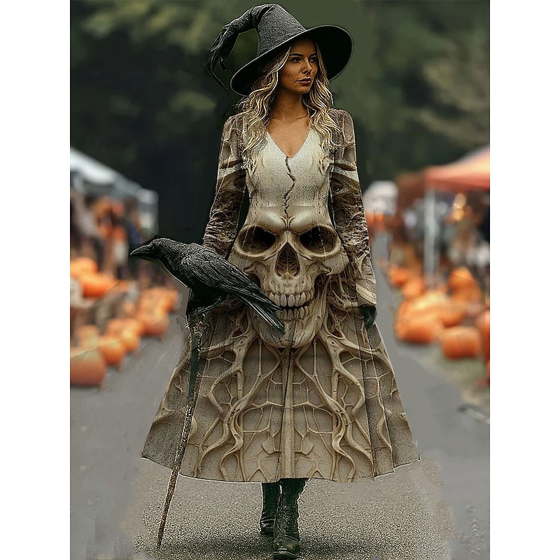 Halloween Women's Midi Dress A Line Dress Vacation Casual Daily Holiday Date Regular Fit Graphic Skull Long Sleeve V Neck Light Yellow Blue Purple Green Fall Winter