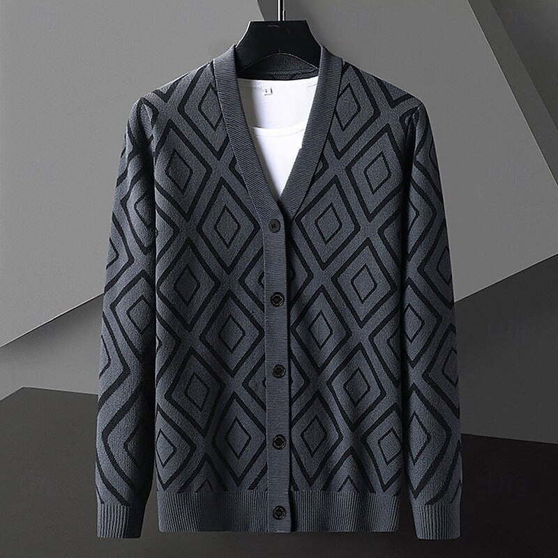 Men's Geometric Diamond Pattern Cardigan Sweater V Neck Casual School Vacation Daily 3D Print Keep Warm Long Sleeve Spring Fall Winter Black Yellow Dark Gray