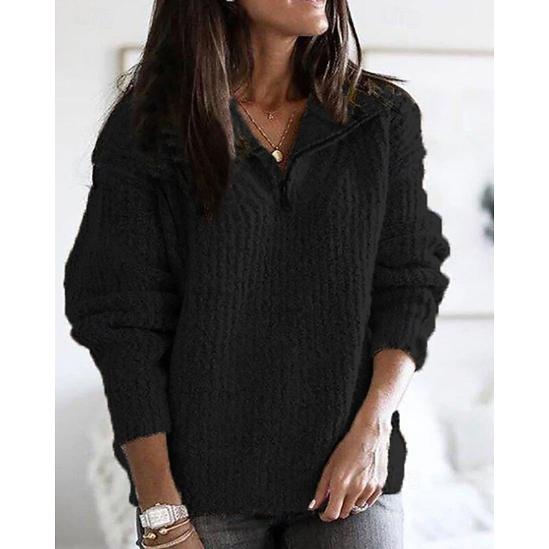Women's Sweater Pullover Streetwear Casual Solid Color Shirt Collar Zipper Knitted Long Sleeve Regular Tops Knit Daily Holiday Going out Black Pink Fall Winter2