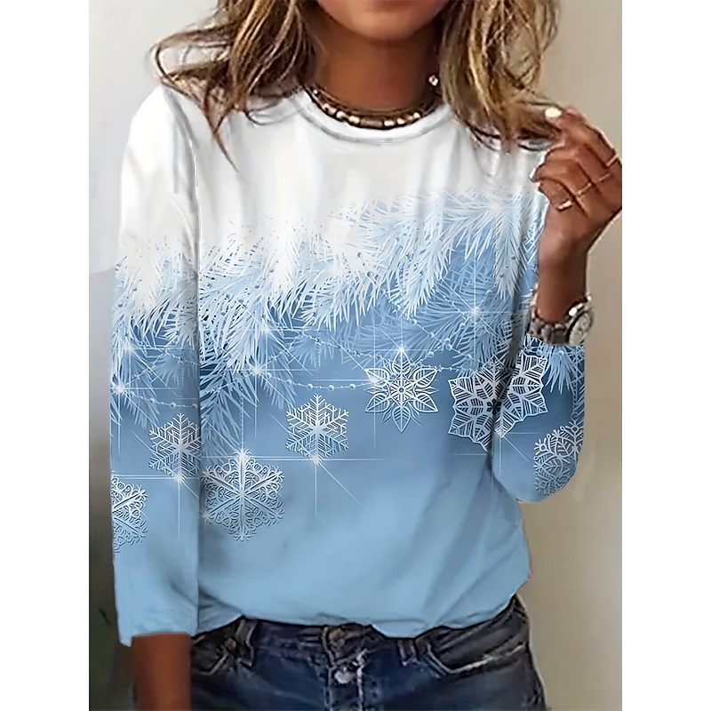 Christmas Women's T Shirt Graphic Snowflake Vintage Fashion Stylish Long Sleeve Crew Neck Regular Tops Daily Weekend Print Blue Spring Fall Winter