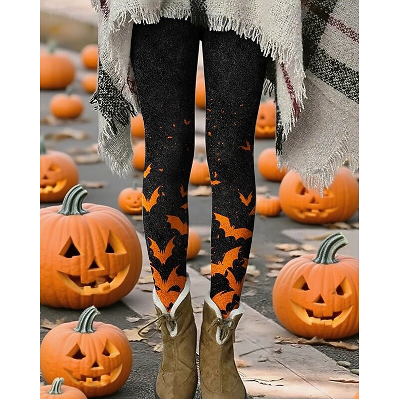 Women's Pants Trousers Leggings Cozy Leggings Streetwear Casual Full Length High WaistPantsHalloween Bat Elastic Waist Print Breathability Comfortable Stretchy Vacation Street Daily Wear Black Summer