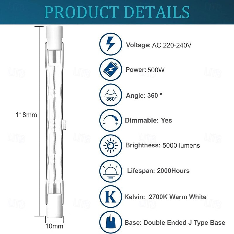 R7S 118mm T3 500W J118 Dimmable Double Ended J-Type Bulbs  Security & Landscape Lighting 220-240V/110-120V  6Pcs3