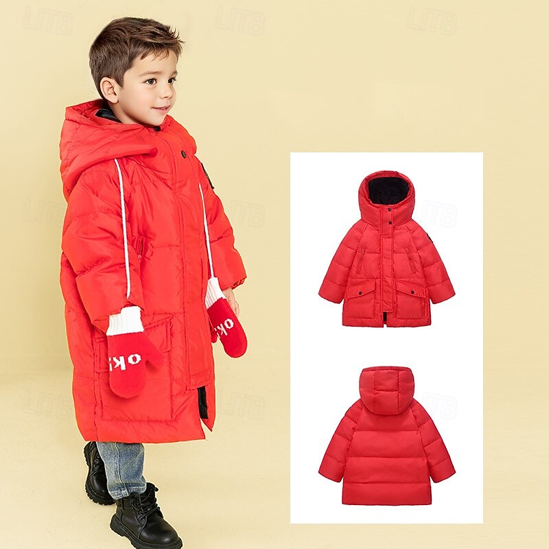 Kids Unisex Down Coat Hoodie Jacket Puffer Jacket Outerwear Solid Color Long Sleeve Pocket Coat Outdoor Daily Basic Black Red Purple Fall Winter 4 years+4